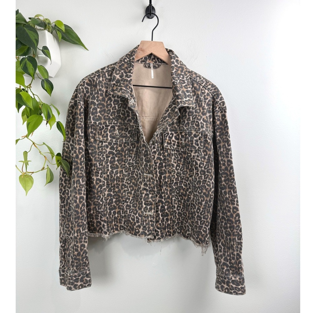 Free People Leopard Print Denim Trucker Jacket Cropped Raw Hem Brown Tan M Boho
